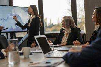 Group of business professionals discussing the latest market trends