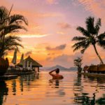 Luxury swimming pool in tropical resort, relaxing holidays in Seychelles islands