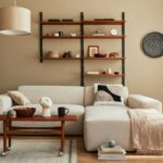 Modern interior of living room with design modular beige sofa