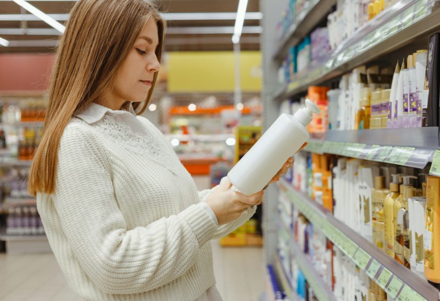 Young woman choosing shampoo at supermarket